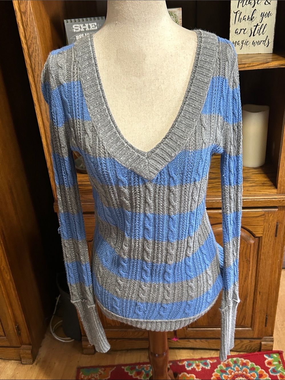 Maurices Striped V-Neck Cable Knit Sweater - Gray & Blue Medium